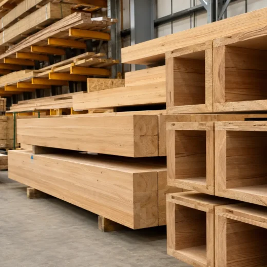Engineered structural timber products in a merchant warehouse