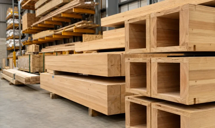 Engineered structural timber products in a merchant warehouse