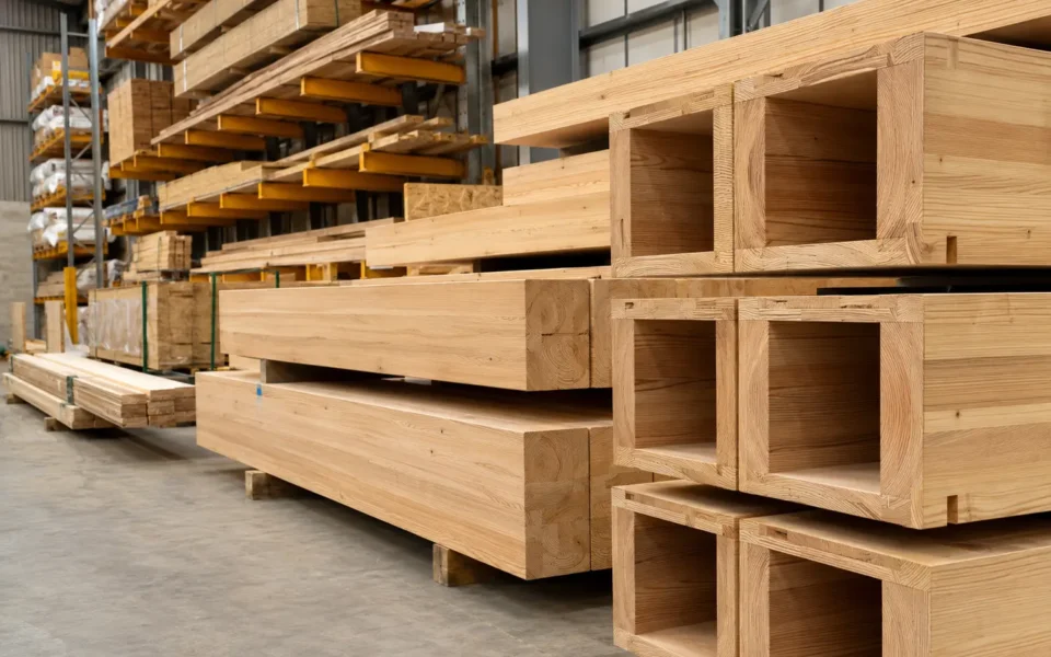 Engineered structural timber products in a merchant warehouse