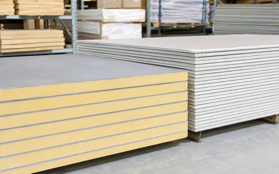Insulation and plasterboard stock in a merchant warehouse
