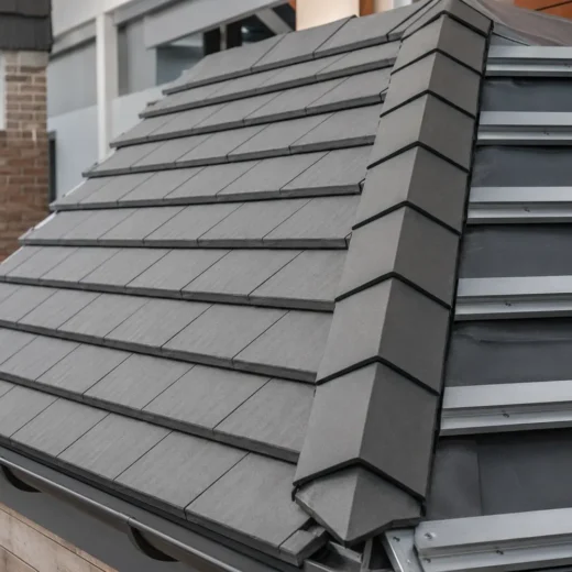 Grey composite roofing tiles on a showroom roof mock-up