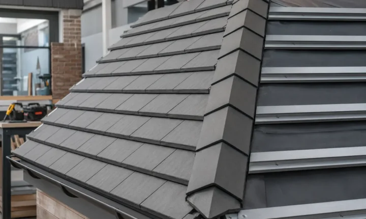 Grey composite roofing tiles on a showroom roof mock-up