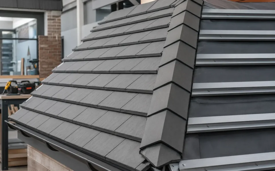 Grey composite roofing tiles on a showroom roof mock-up