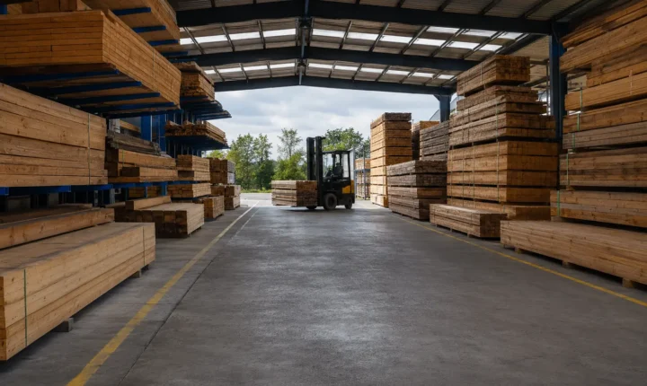 Timber stock in a UK builders merchant warehouse
