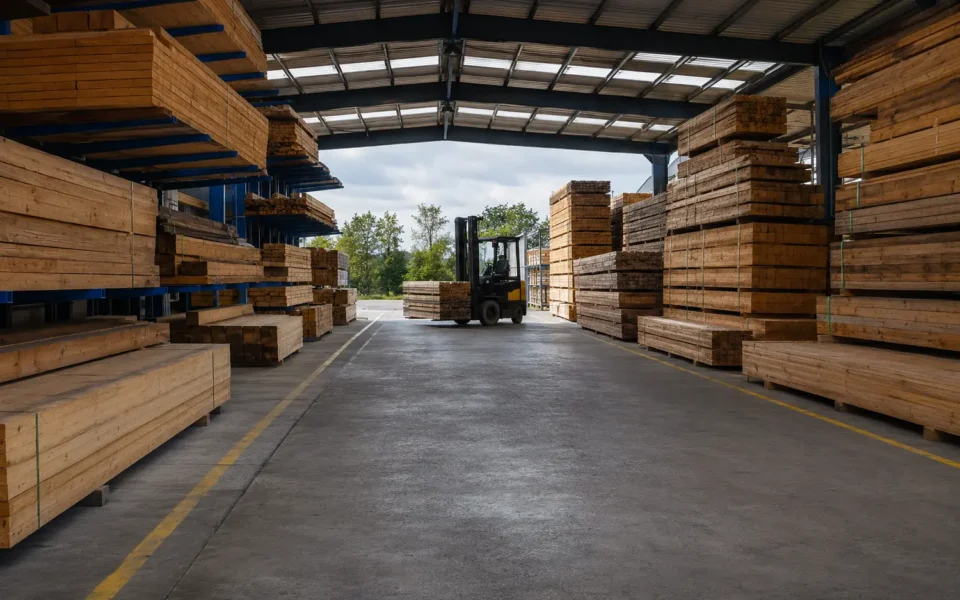 Timber stock in a UK builders merchant warehouse